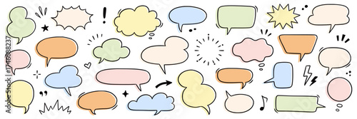 Speech dialog drawn set. Speech bubble and dialog element in hand drawn cartoon style comic cloud, chat box, graphic manga effect. Doodle emphasis, heart, arrow element. Vector illustration