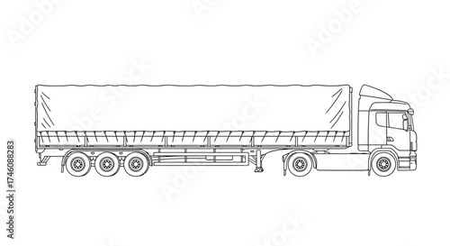 A line drawing of a semi-trailer truck with a covered cargo area, viewed from the side.