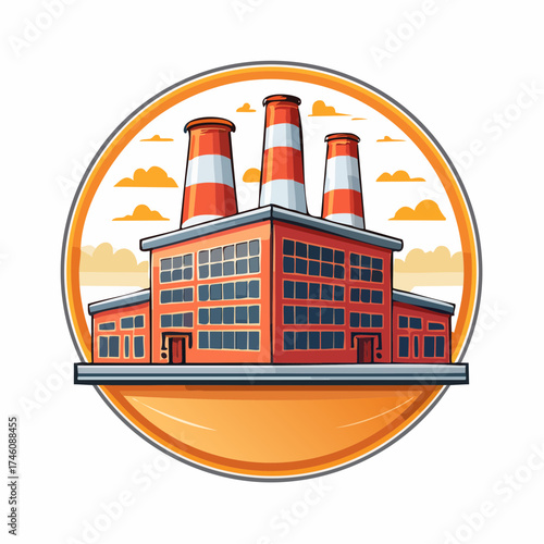 Cartoon Illustration of a Red Industrial Factory with Striped Chimneys.