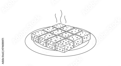 An illustration of a palm tree plantation, with many trees in rows and coconuts scattered on the ground.