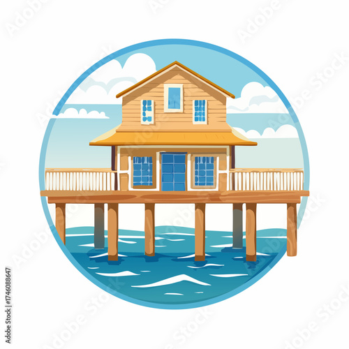 Cartoon Illustration of a Wooden Beach House on Stilts with Blue Windows.
