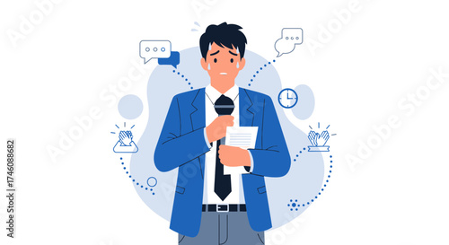 Illustration of a nervous person giving a presentation with microphone and paper