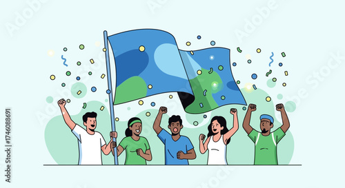 Illustration of a multiethnic group celebrating with a flag and confetti for a victory