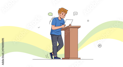 Illustration of a nervous student giving a speech in front of an audience with a podium