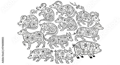 Canvas Print Circular arrangement of twelve animals decorated with floral patterns, representing the Chinese zodiac signs in a black and white illustration