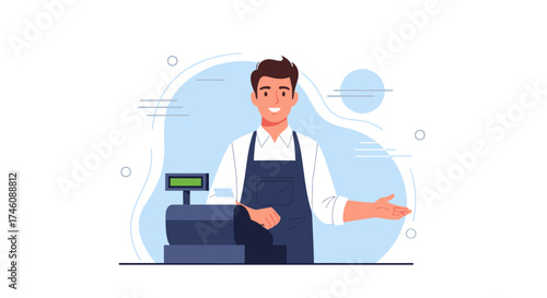Illustration of a smiling store cashier inviting customers to make a purchase or service