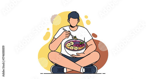 Illustration of a person consuming healthy food in a relaxed environment