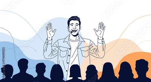 Illustration of a speaker giving a presentation to an audience with simple colors