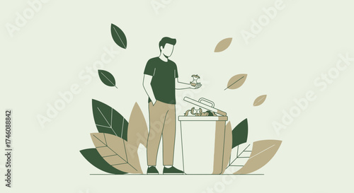 Illustration of a person discarding food waste in a bin for recycling purposes