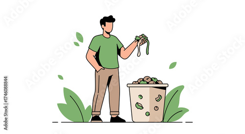 Illustration of a Person Discarding Organic Waste into a Recycling Bin Digitally Created