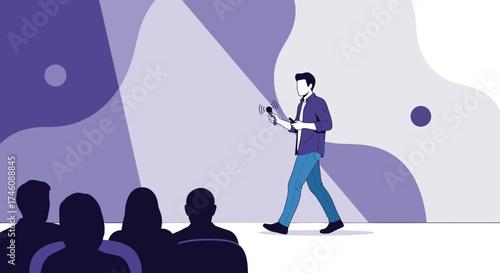 Illustration of a Speaker with a Microphone presenting to an Audience in a Seminar