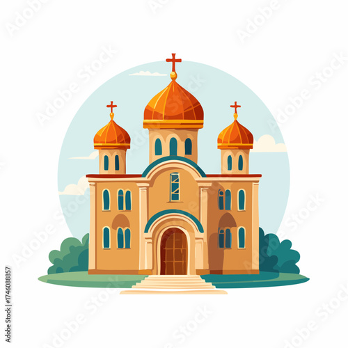 Cartoon Illustration of an Orthodox Church with Golden Domes and Crosses.