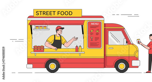 Illustration Of A Street Food Truck Serving Customers With Fast And Delicious Food