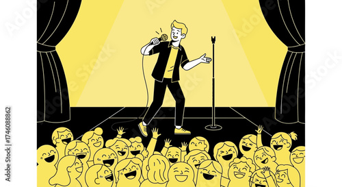 Illustration of a stand-up comedian performing on stage in front of excited audience