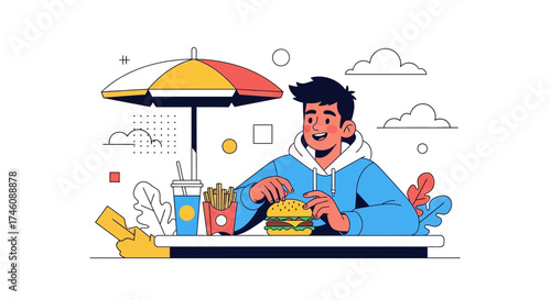 Illustration of a person eating a burger with fries and drink outdoors illustration