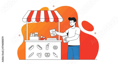 Illustration of a street food vendor selling snacks and drinks at a food stand