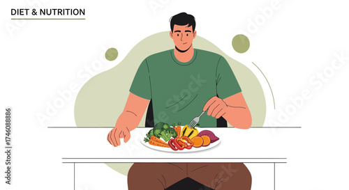 Illustration of a person eating a healthy meal with vegetables and focusing on nutrition