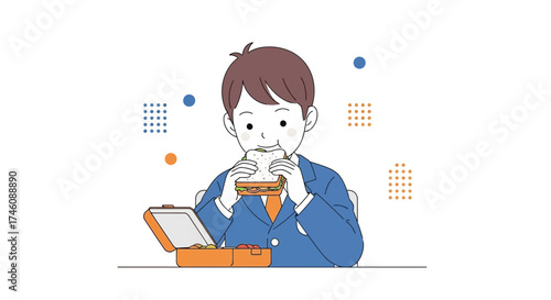 Illustration of a person eating a sandwich from a lunchbox, food theme