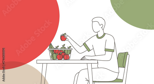Illustration of a person eating fruits depicting healthy lifestyle choices and nutrition