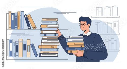 Illustration of a Student Collecting Books from a Bookshelf in a Library