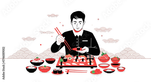 Illustration of a person enjoying traditional Japanese sushi and dining experience