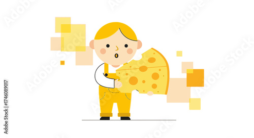 Illustration of a surprised child holding a giant cheese slice with a minimalistic style