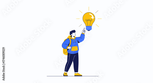 Illustration of a person generating an idea with a lightbulb, brainstorming concept