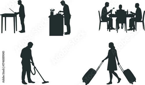 Daily life silhouette, cooking, dining, cleaning, traveling, working, home activity, lifestyle concept, household routine, modern living, domestic scene, everyday moments