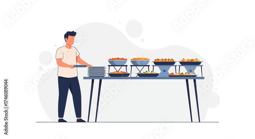 Illustration of a person getting plates and a buffet with food served in big dishes