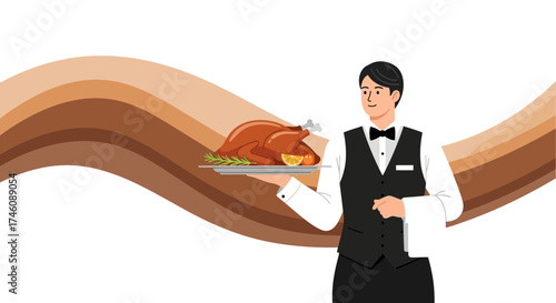Illustration of a waiter carrying a roasted chicken dish on a plate with background