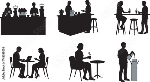 Coffee shop silhouette, barista station, casual conversation, laptop work, self-service, relaxing moment, café lifestyle, drink preparation, social interaction, modern routine, hospitality concept