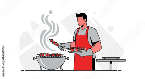 Illustration of a person grilling meat skewers on a barbecue representing food and lifestyle