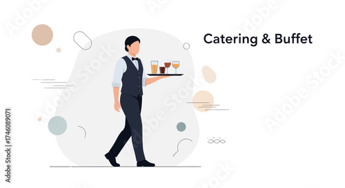 Illustration of a waiter carrying drinks on a tray for catering and buffet service