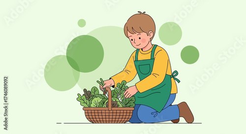 Illustration of a person harvesting vegetables from a basket, farming and gardening concept