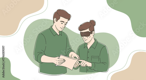 Illustration of a person guiding another, one wearing a blindfold pointing at a document