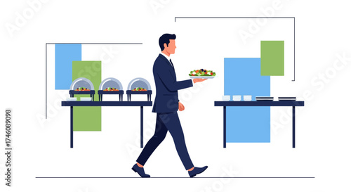 Illustration of a waiter carrying food at an event or business presentation