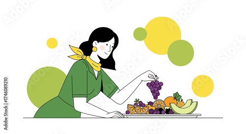 Illustration of a woman arranging colorful fruits on a tray in a modern style