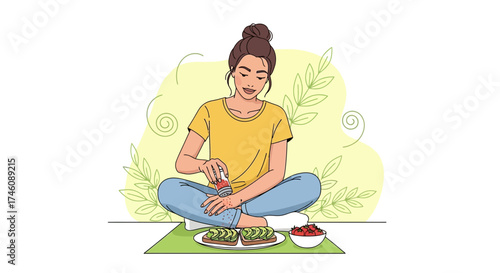 Illustration of a woman adding seasoning to her healthy breakfast on flat background
