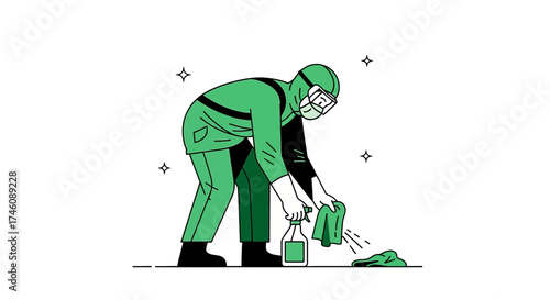 Illustration of a person in protective gear cleaning and disinfecting a surface