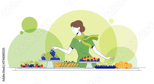 Illustration of a woman arranging fruit and preparing a healthy food display for a buffet