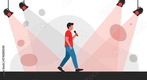 Illustration of a person on stage with a microphone under stage lights and spotlighting