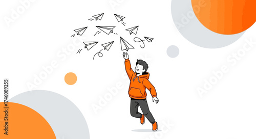 Illustration of a person launching a paper airplane with paper airplanes flying around
