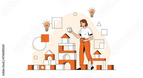 Illustration of a woman building with blocks, symbolizing creativity and ideas in design