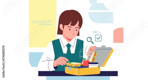 Illustration of a person opening a lunchbox with food like apple and sandwich