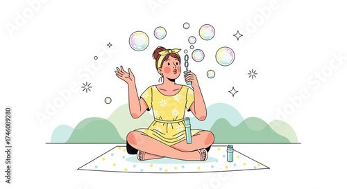 Illustration of a Woman Blowing Bubbles While Enjoying Outdoor Leisure Activity