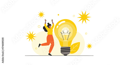 Illustration Of A Woman Celebrating An Idea Light Bulb Concept Design
