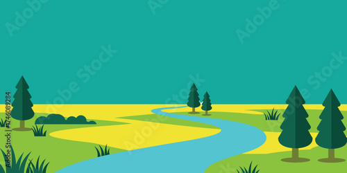 Vibrant and serene landscape illustration featuring a winding blue river through a lush green field with pine trees under a clear turquoise sky, evoking tranquility and natural beauty