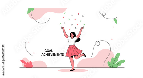 Illustration of a woman celebrating goal achievements with confetti raining down on her
