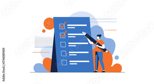 Illustration of a woman completing a checklist for project management and planning