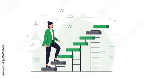 Illustration of a woman climbing stairs representing career and academic success